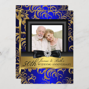 Gold Blue Floral Photo 50th Wedding Anniversary Invitation