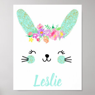 Gold Blue Floral Rabbit face Nursery Poster Name