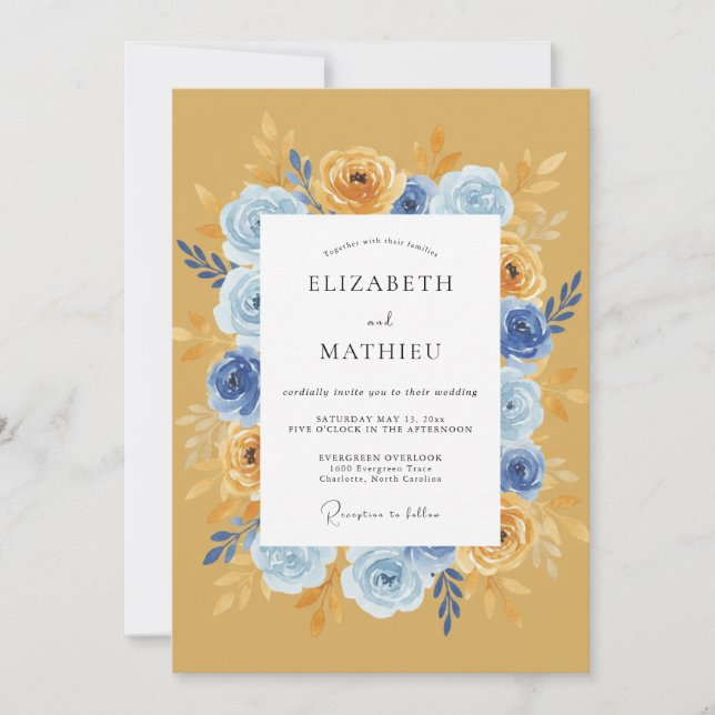 Gold Blue Floral Romantic Wedding Invitation (Front)