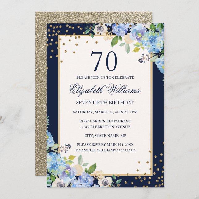 Gold Blue floral Sparkle 70th Birthday Invitation (Front/Back)