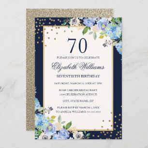 Gold Blue floral Sparkle 70th Birthday Invitation
