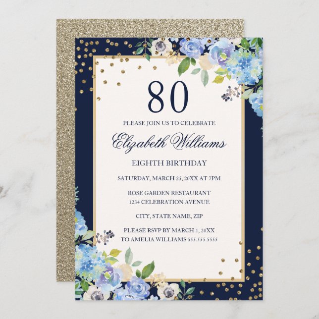Gold Blue floral Sparkle 80th Birthday Invitation (Front/Back)