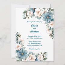 Gold Blue Flower Back: Wedding Invitation