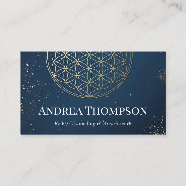 Gold & Blue Flower of life, Reiki, Channeling Business Card (Front)