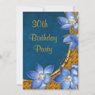 Gold & Blue Flowers 30th Birthday Invitation
