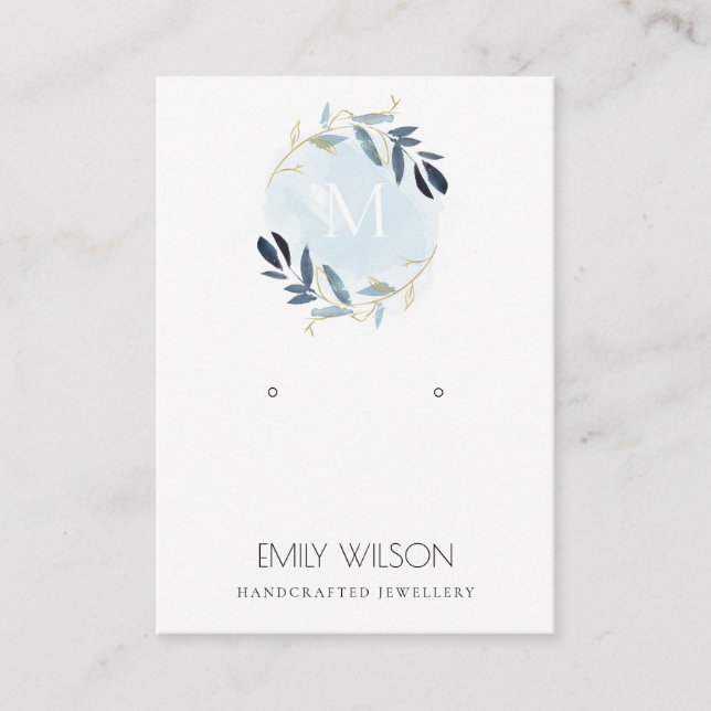 GOLD BLUE FOLIAGE MONOGRAM EARRING DISPLAY LOGO BUSINESS CARD (Front)