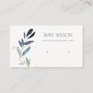GOLD BLUE FOLIAGE WATERCOLOR EARRING DISPLAY LOGO BUSINESS CARD