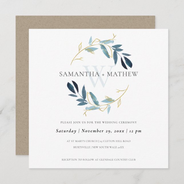 GOLD BLUE FOLIAGE WATERCOLOR WASH WREATH WEDDING INVITATION (Front/Back)