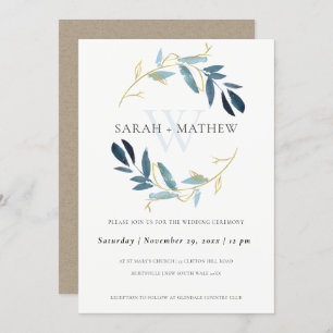 GOLD BLUE FOLIAGE WATERCOLOR WASH WREATH WEDDING INVITATION
