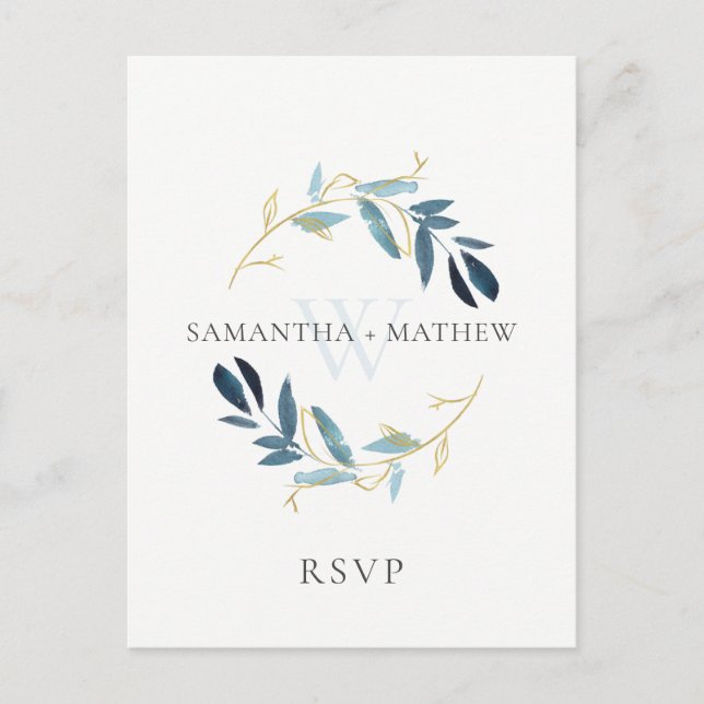 GOLD BLUE FOLIAGE WATERCOLOR WREATH WEDDING RSVP POSTCARD (Front)