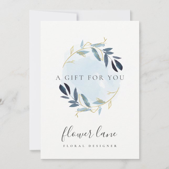 GOLD BLUE FOLIAGE WREATH GIFT CERTIFICATE CARD (Front)