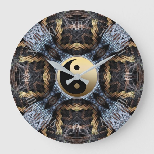Gold Blue Fractal Tapestry with Yin Yang Symbol  Large Clock (Front)