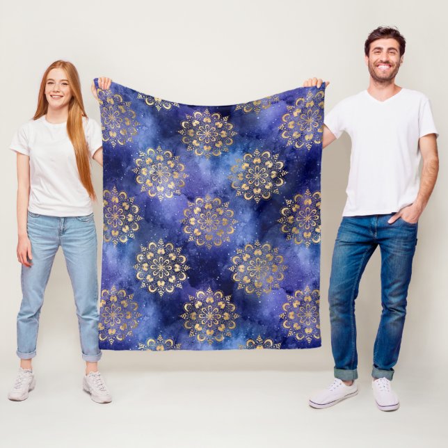 Gold & Blue Galaxy Dharma Mandala Pattern Fleece Blanket (In Situ)