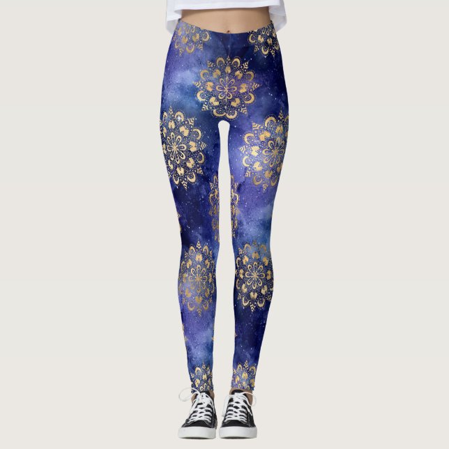 Gold & Blue Galaxy Dharma Mandala Pattern Leggings (Front)
