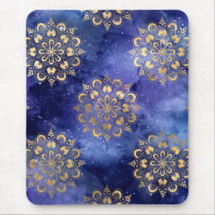 Gold & Blue Galaxy Dharma Mandala Pattern Mouse Pad