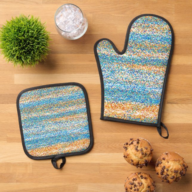 Gold Blue Glitter Abstract Oven Mitt & Pot Holder Set (Top Down)