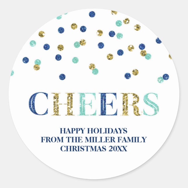 Gold Blue Glitter Confetti Cheers Christmas Custom Classic Round Sticker (Front)