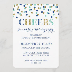 Gold Blue Glitter Confetti Cheers Christmas Party Invitation