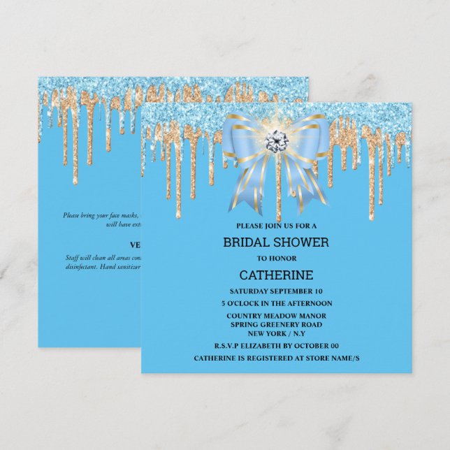 Gold blue glitter diamond bow shimmer lights chic invitation (Front/Back)
