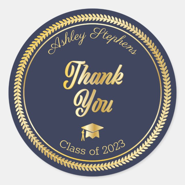 Gold | Blue Grad Cap Class of 2023 Thank You Classic Round Sticker (Front)