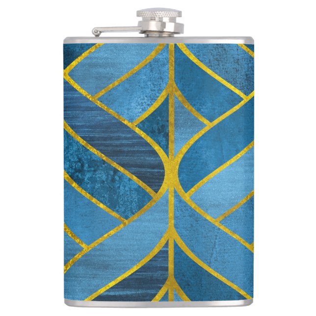 Gold Blue Grunge Pattern Hip Flask (Front)