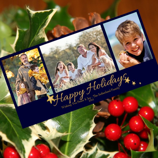 Gold & Blue Happy Holidays 3 Photo Collage Holiday Card (Creator Uploaded)