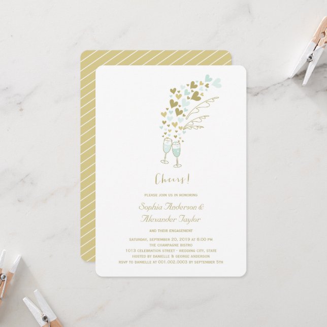 Gold Blue Hearts Champagne Cheers Chic Engagement Invitation (Front/Back In Situ)
