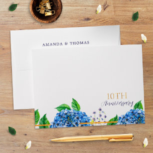 Gold Blue Hydrangea 10th Wedding Anniversary Envelope