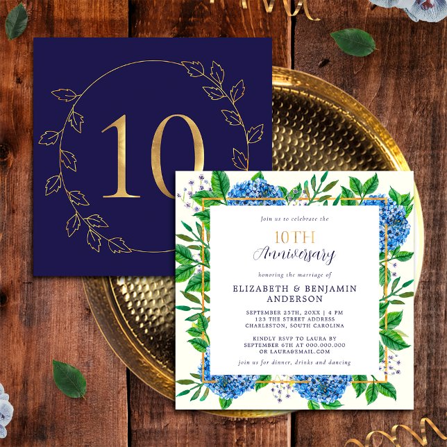 Gold Blue Hydrangea 10th Wedding Anniversary Invitation (Front / Back)