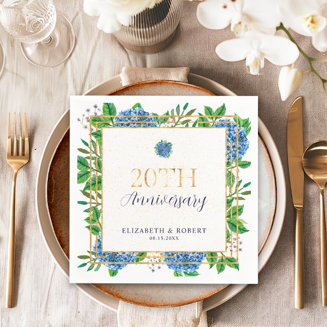 Gold Blue Hydrangea 20th Wedding Anniversary  Napkin (Creator Uploaded)