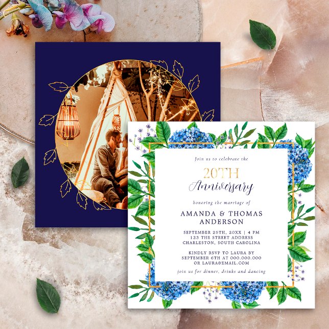 Gold Blue Hydrangea 20th Wedding Photo Anniversary Invitation (Creator Uploaded)