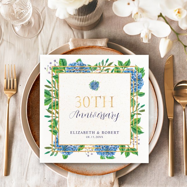 Gold Blue Hydrangea 30th Wedding Anniversary  Napkin (Creator Uploaded)