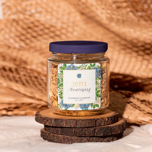 Gold Blue Hydrangea 30th Wedding Anniversary Party Square Sticker (Creator Uploaded)