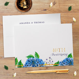 Gold Blue Hydrangea 40th Wedding Anniversary Envelope