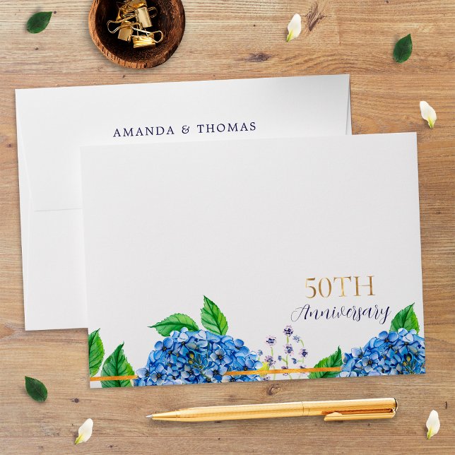 Gold Blue Hydrangea 50th Wedding Anniversary Envelope (Creator Uploaded)