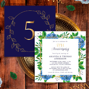 Gold Blue Hydrangea 5th Wedding Anniversary Invitation