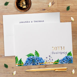 Gold Blue Hydrangea 70th Wedding Anniversary Envelope
