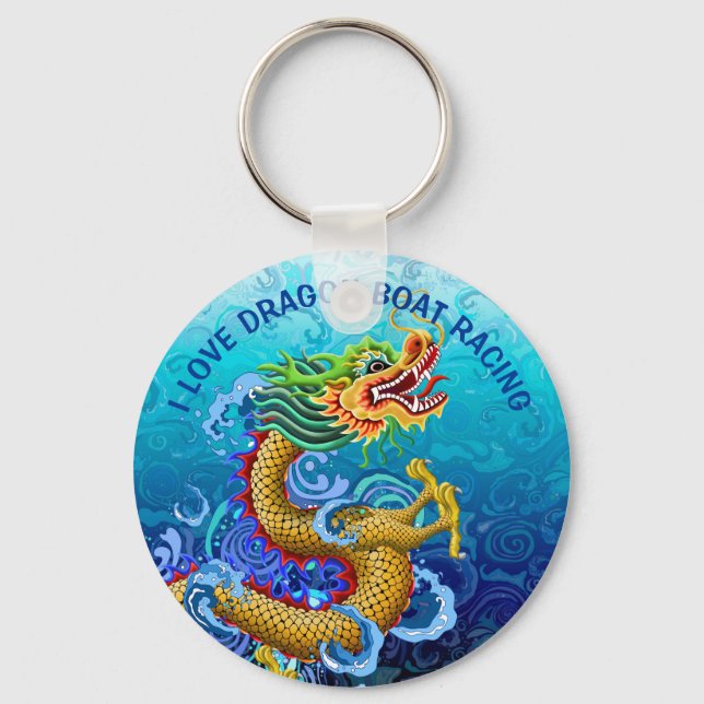 Gold & Blue I Love Dragon Boat Racing Key Ring (Front)