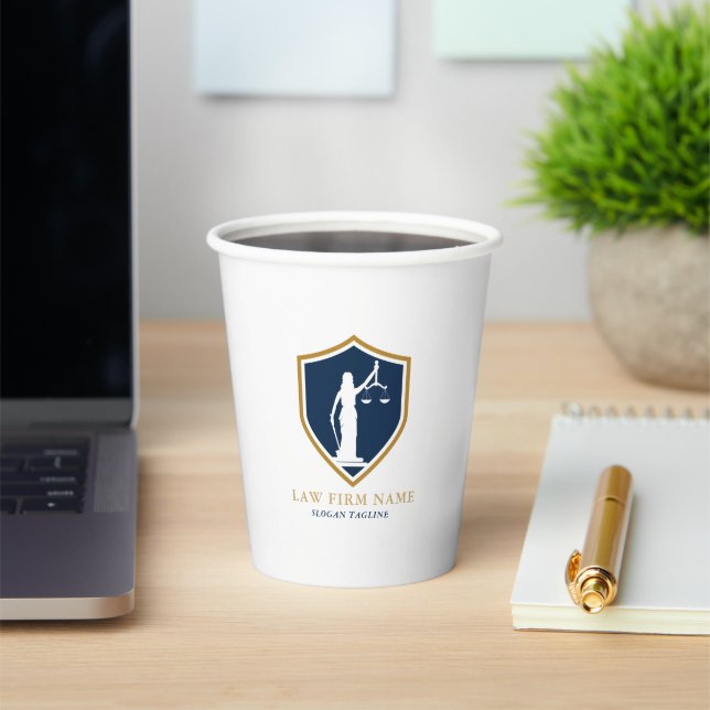 Gold Blue Lady Justice Logo Custom text Paper Cups (Insitu)
