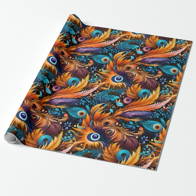 Gold Blue Leaves & Feathers Wrapping Paper (Unrolled)