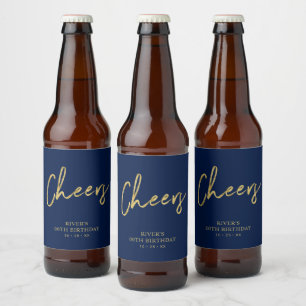Gold & Blue Lettering Cheers Adult Birthday Party Beer Bottle Label