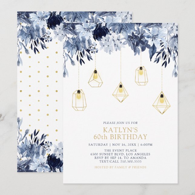 Gold & Blue | Lights, Floral Adult Birthday Party Invitation (Front/Back)