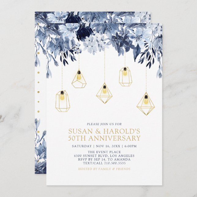 Gold & Blue | Lights, Floral Wedding Anniversary Invitation (Front/Back)