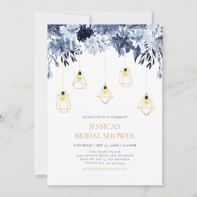 Gold & Blue | Lights & Winter Floral Bridal Shower Invitation (Front)