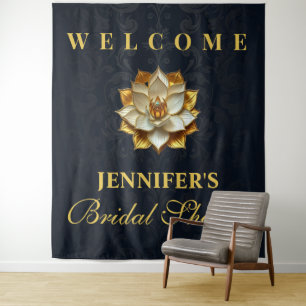 Gold Blue Lotus Bridal Shower Welcome Backdrop Tapestry