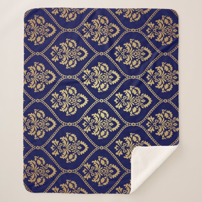 Gold & Blue: Luxury Damask Sherpa Blanket (Front)
