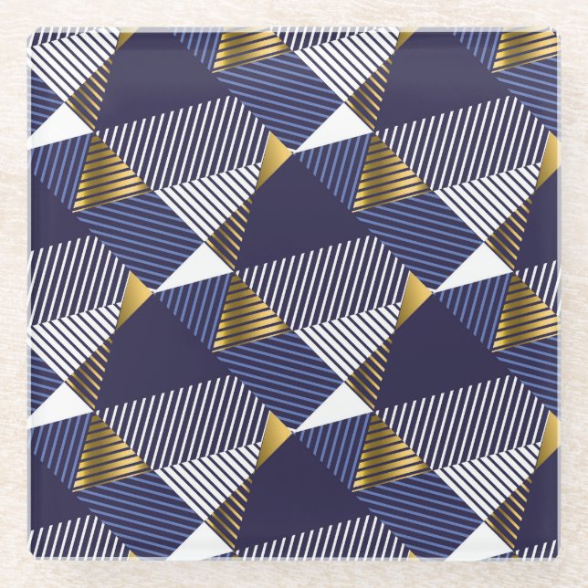 Gold Blue Luxury: Geometric Seamless Pattern Glass Coaster (Front)