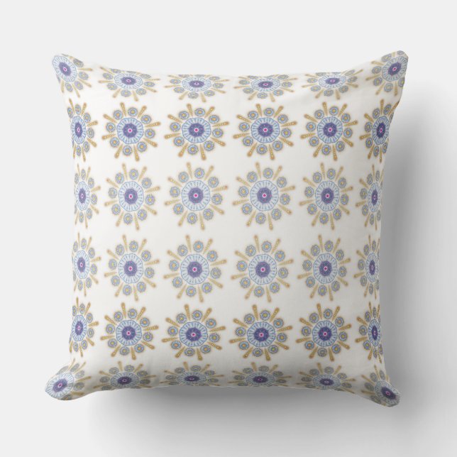 Gold Blue Mandala Flower Cushion (Front)