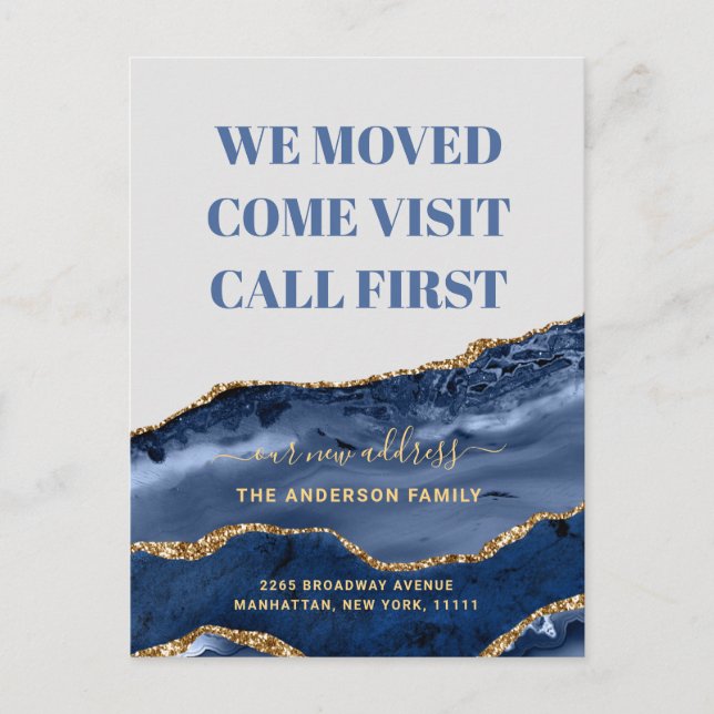 Gold Blue Marble New Address Moving Announcement Postcard (Front)