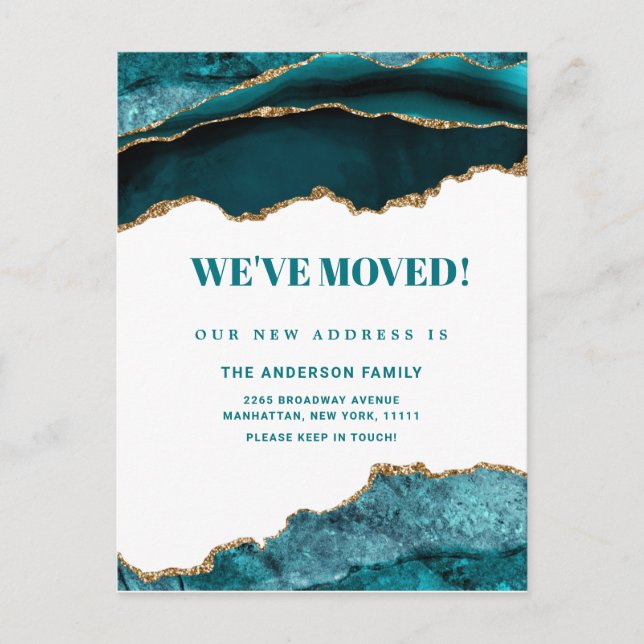 Gold Blue Marble New Address Moving Announcement Postcard (Front)